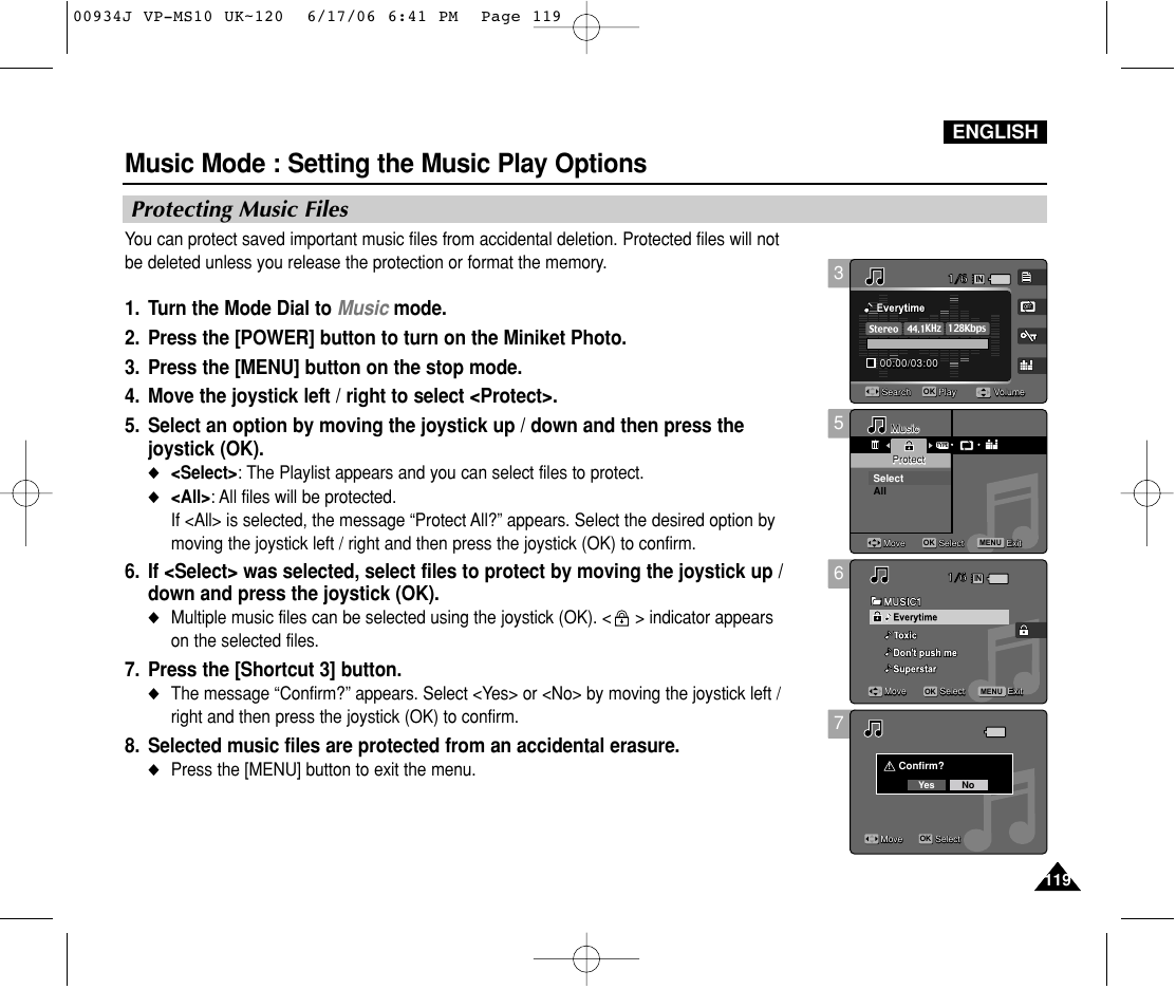 Protecting music files, Music mode : setting the music play options, Press the [shortcut 3] button | English, Press the [menu] button to exit the menu | Samsung VP-MS11 User Manual | Page 119 / 160