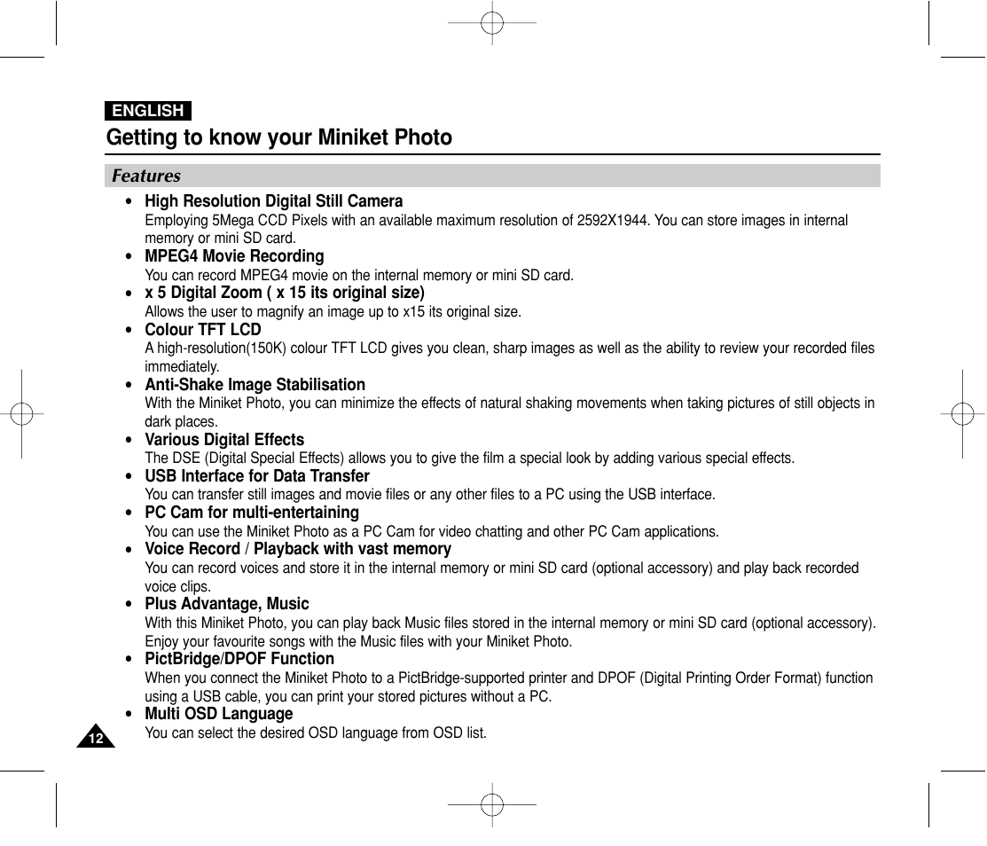 Getting to know your miniket photo, Features | Samsung VP-MS11 User Manual | Page 12 / 160