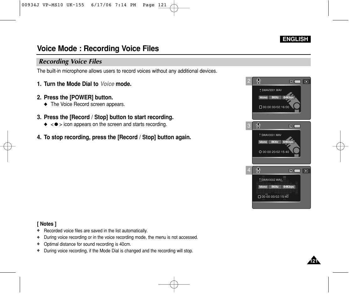 Recording voice files, Voice mode : recording voice files, English | The voice record screen appears, Icon appears on the screen and starts recording | Samsung VP-MS11 User Manual | Page 121 / 160