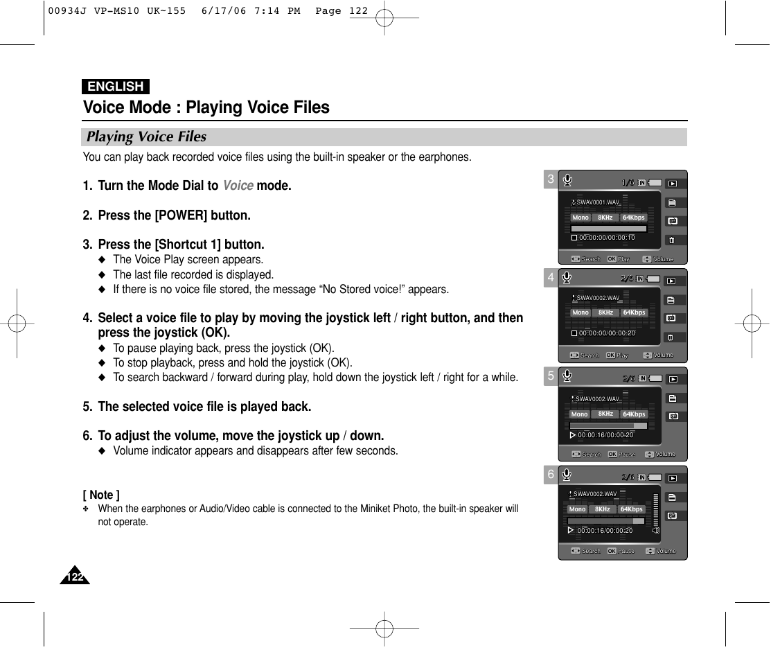 Playing voice files, Voice mode : playing voice files, English | The voice play screen appears, The last file recorded is displayed | Samsung VP-MS11 User Manual | Page 122 / 160