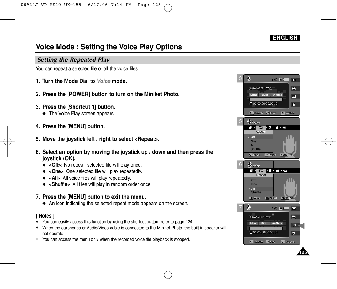 Setting the repeated play, Voice mode : setting the voice play options, Press the [menu] button to exit the menu | English, The voice play screen appears, Off>: no repeat, selected file will play once, One> : one selected file will play repeatedly, All> : all voice files will play repeatedly | Samsung VP-MS11 User Manual | Page 125 / 160