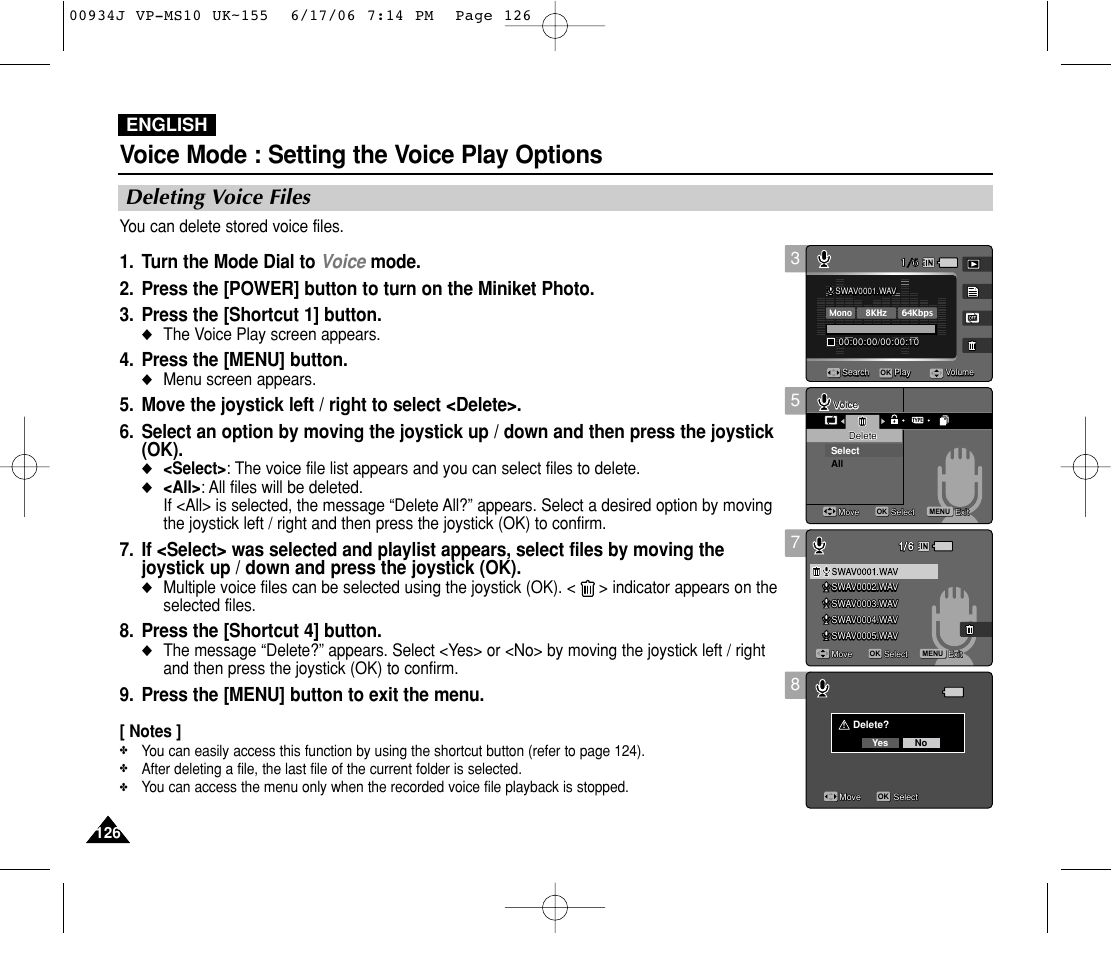 Deleting voice files, Voice mode : setting the voice play options, Press the [menu] button | Press the [shortcut 4] button, Press the [menu] button to exit the menu, English, You can delete stored voice files, The voice play screen appears, Menu screen appears | Samsung VP-MS11 User Manual | Page 126 / 160