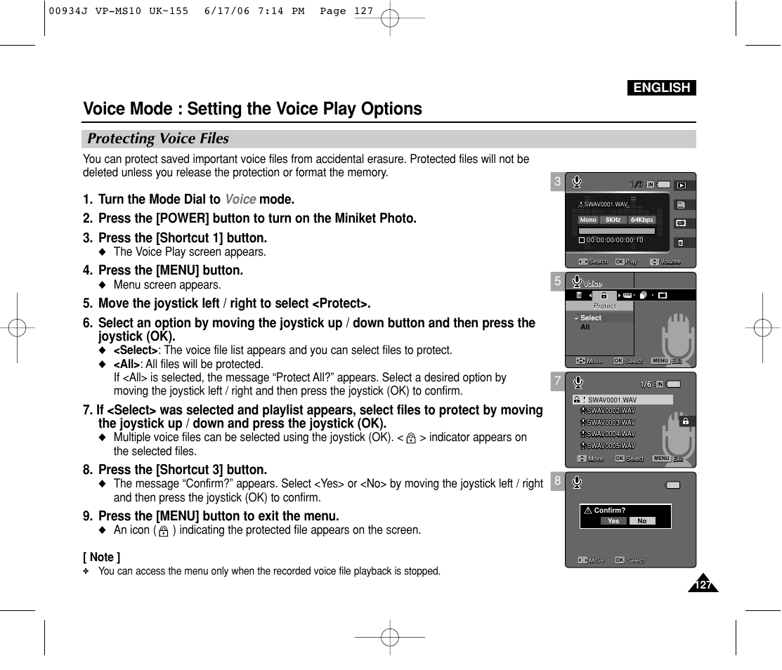 Protecting voice files, Voice mode : setting the voice play options, Press the [menu] button | Press the [shortcut 3] button, Press the [menu] button to exit the menu, English, The voice play screen appears, Menu screen appears | Samsung VP-MS11 User Manual | Page 127 / 160