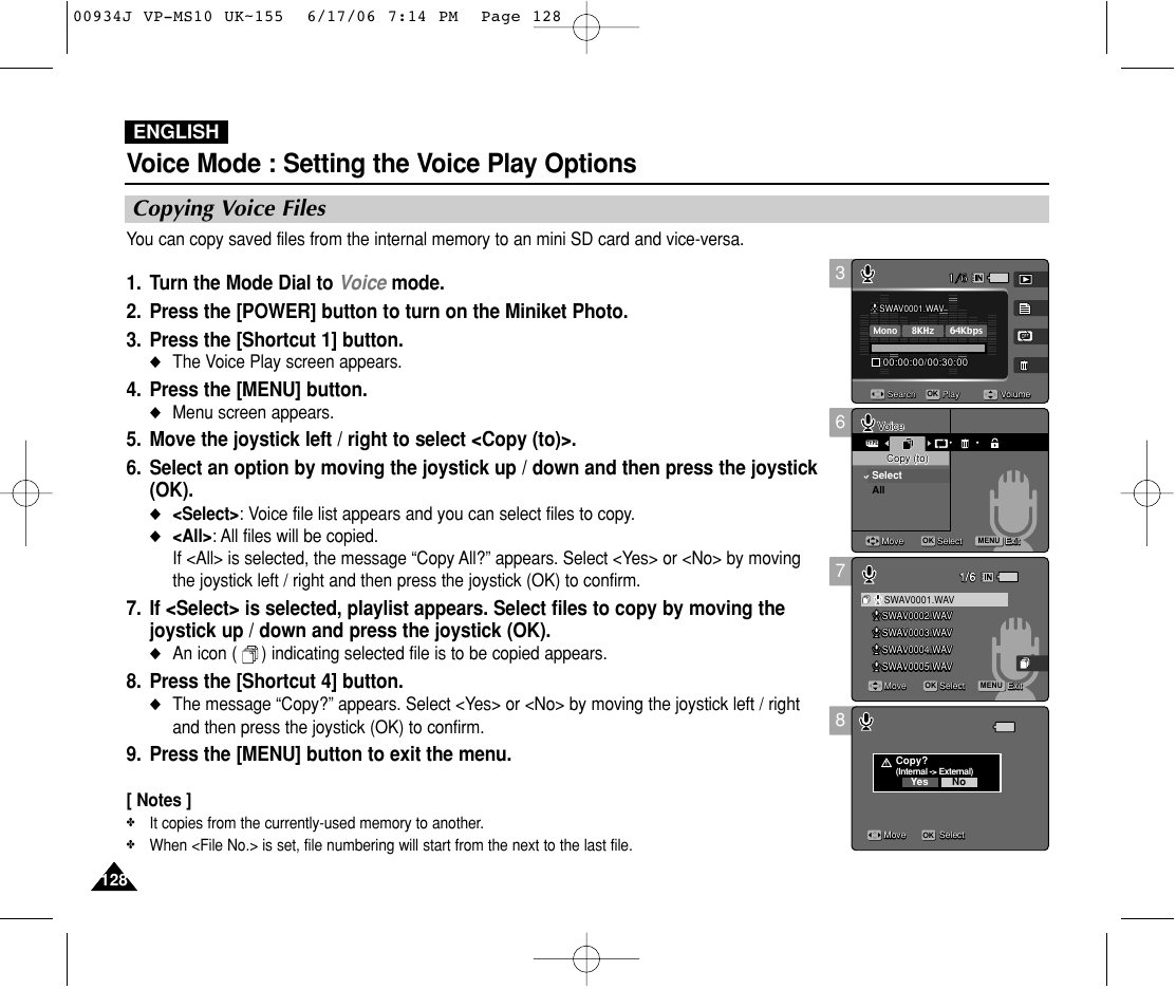 Copying voice files, Voice mode : setting the voice play options, Press the [menu] button | Press the [shortcut 4] button, Press the [menu] button to exit the menu, English, The voice play screen appears, Menu screen appears | Samsung VP-MS11 User Manual | Page 128 / 160