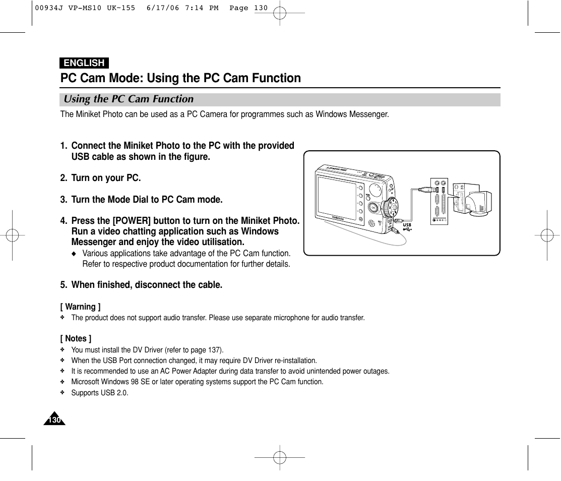 Using the pc cam function, Pc cam mode: using the pc cam function | Samsung VP-MS11 User Manual | Page 130 / 160