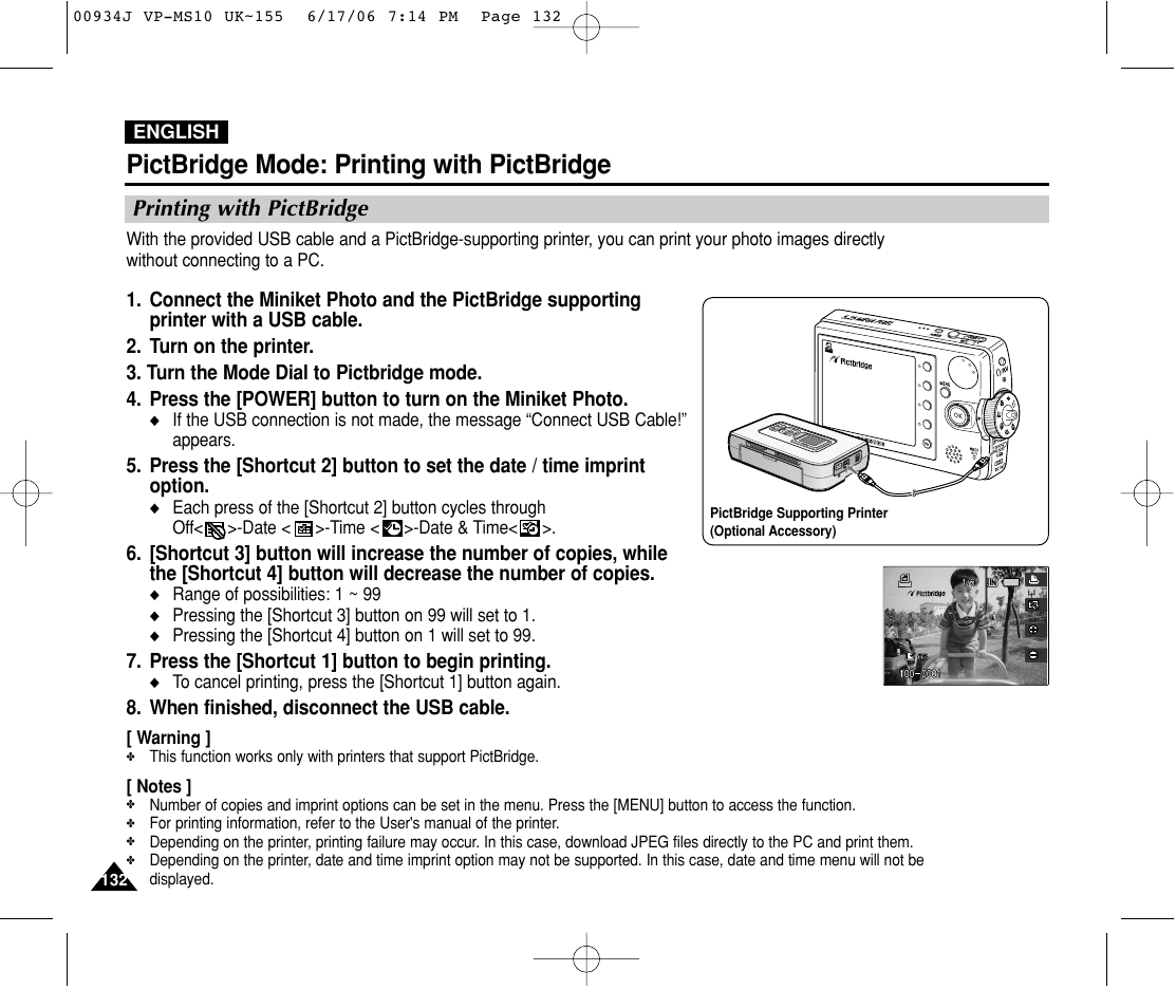 Printing with pictbridge, Pictbridge mode: printing with pictbridge | Samsung VP-MS11 User Manual | Page 132 / 160