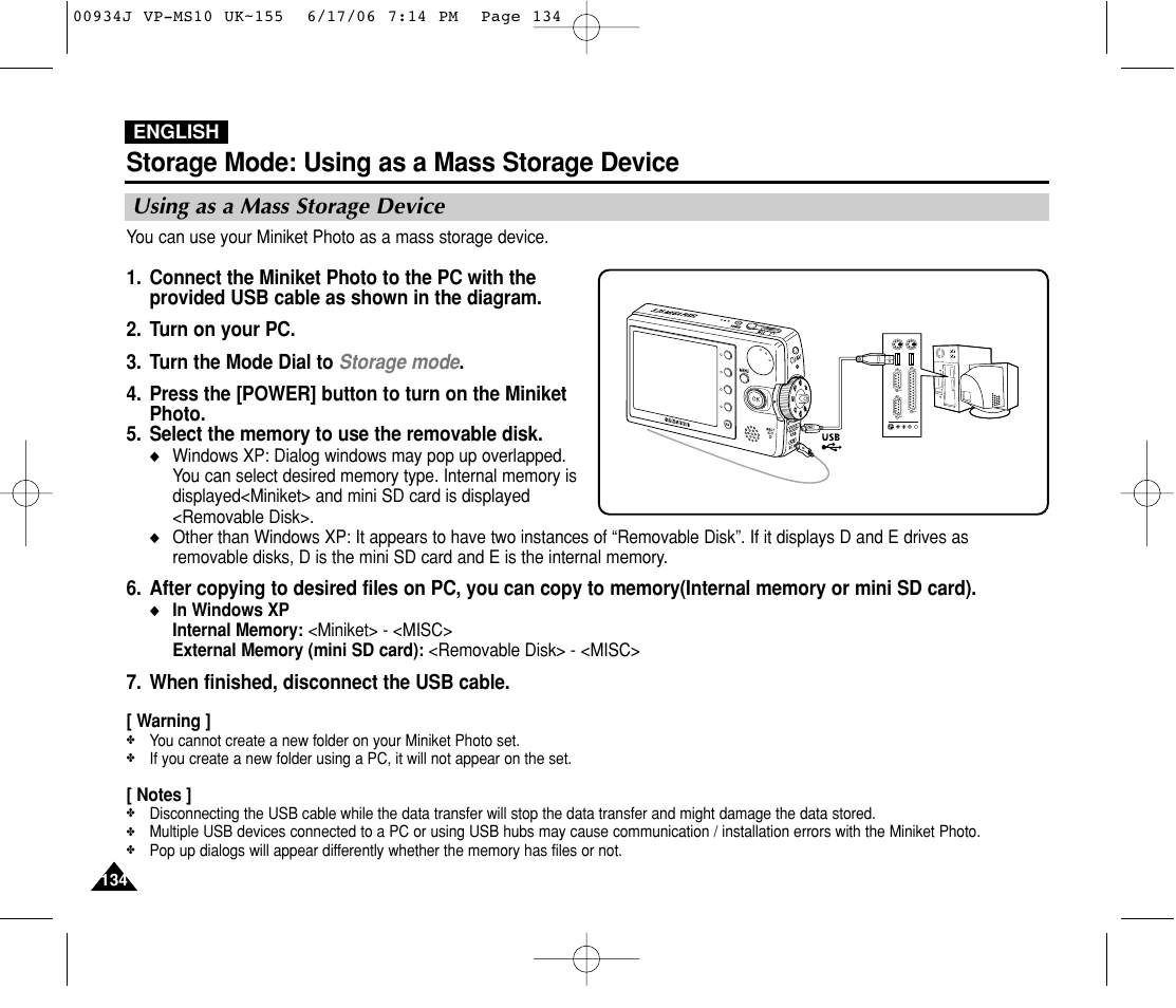 Using as a mass storage device, Storage mode: using as a mass storage device | Samsung VP-MS11 User Manual | Page 134 / 160
