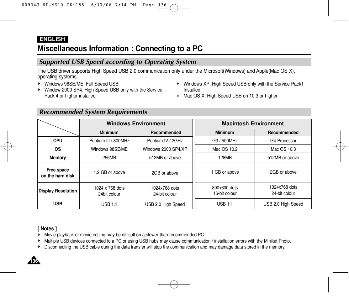 Connecting to a pc, Supported usb speed according to operating system, Recommended system requirements | Miscellaneous information : connecting to a pc | Samsung VP-MS11 User Manual | Page 136 / 160