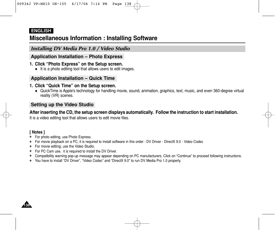 Installing dv media pro 1.0 / video studio, Miscellaneous information : installing software | Samsung VP-MS11 User Manual | Page 138 / 160