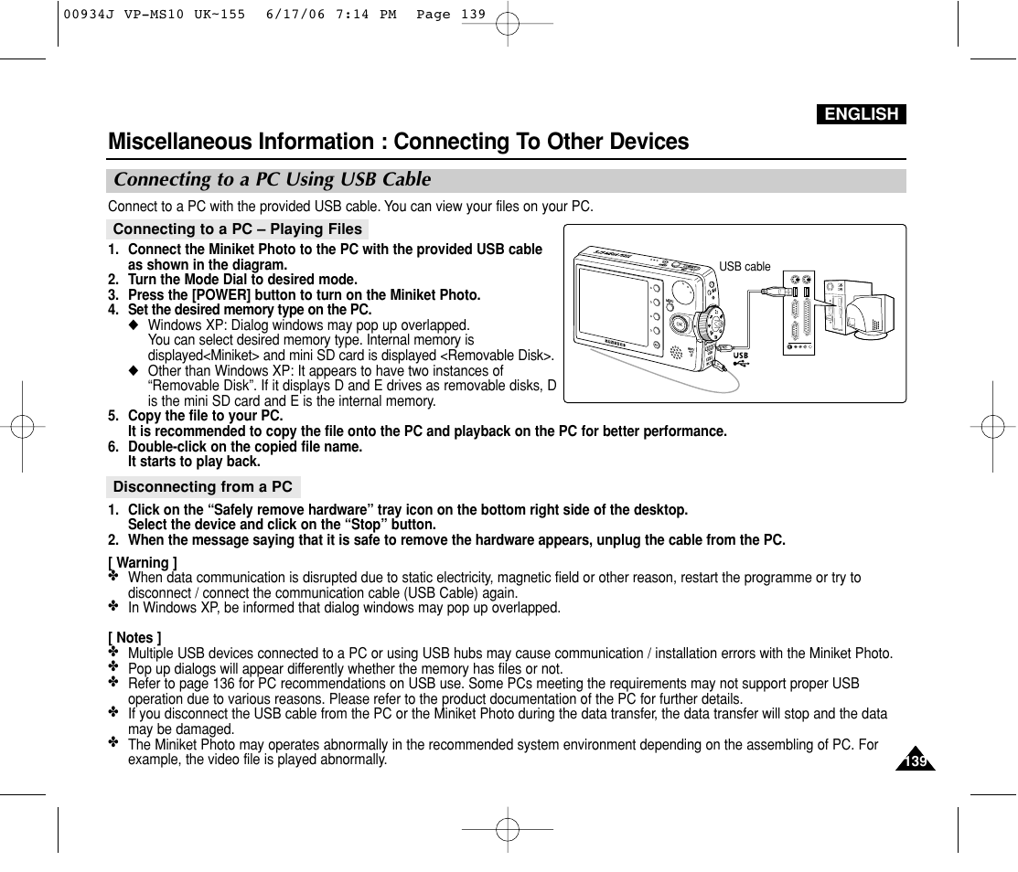 Connecting to other devices, Connecting to a pc using usb cable | Samsung VP-MS11 User Manual | Page 139 / 160