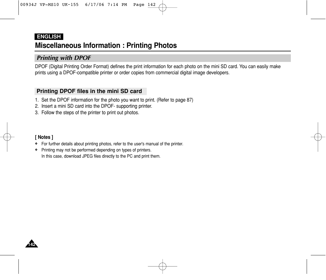 Printing photos, Printing with dpof, Miscellaneous information : printing photos | Samsung VP-MS11 User Manual | Page 142 / 160