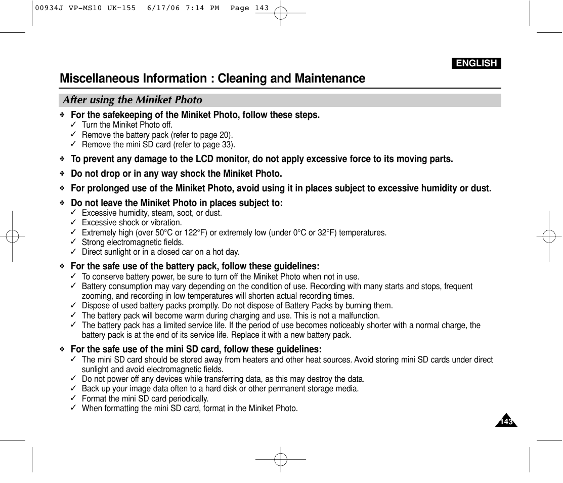 Cleaning and maintenance, After using the miniket photo | Samsung VP-MS11 User Manual | Page 143 / 160