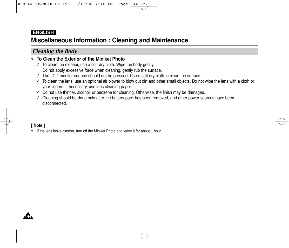 Cleaning the body | Samsung VP-MS11 User Manual | Page 144 / 160