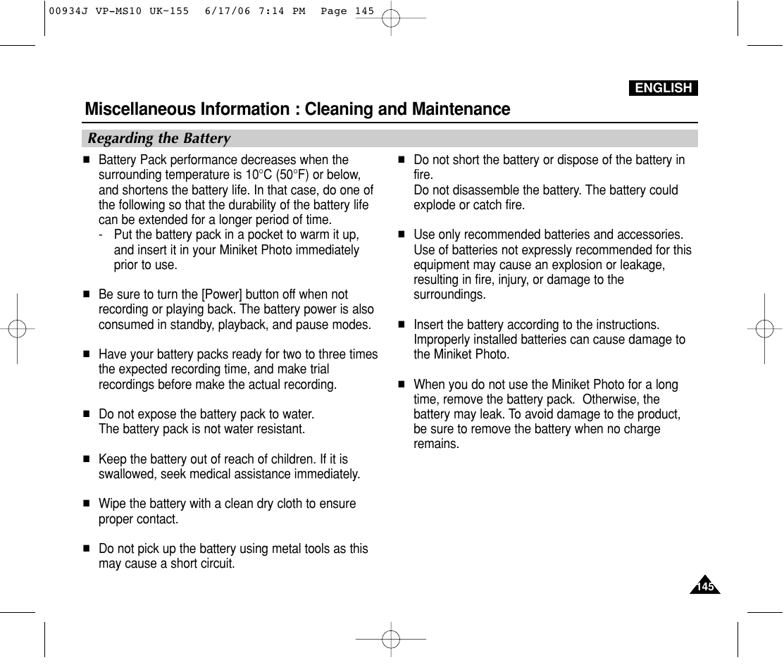 Regarding the battery | Samsung VP-MS11 User Manual | Page 145 / 160