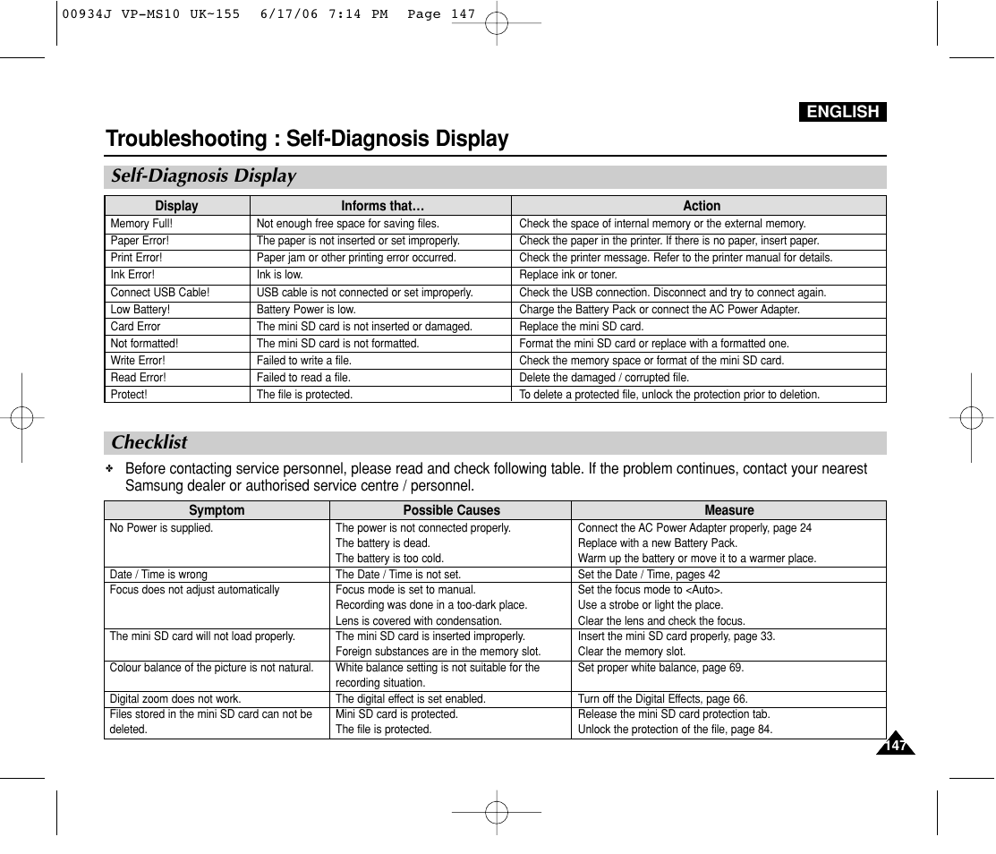 Troubleshooting, Self-diagnosis display, Checklist | Troubleshooting : self-diagnosis display, Self-diagnosis display checklist | Samsung VP-MS11 User Manual | Page 147 / 160