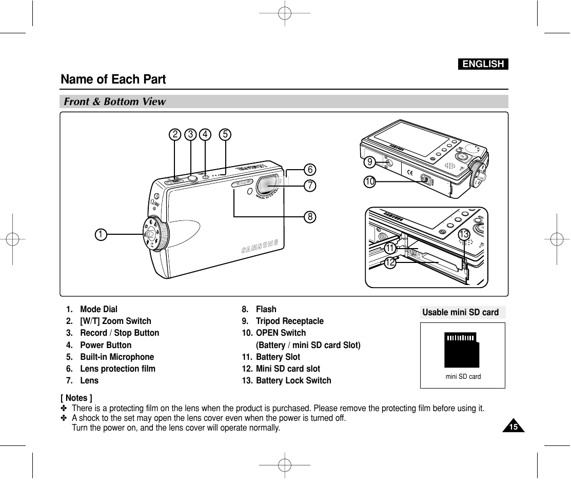 Front & bottom view, Name of each part | Samsung VP-MS11 User Manual | Page 15 / 160