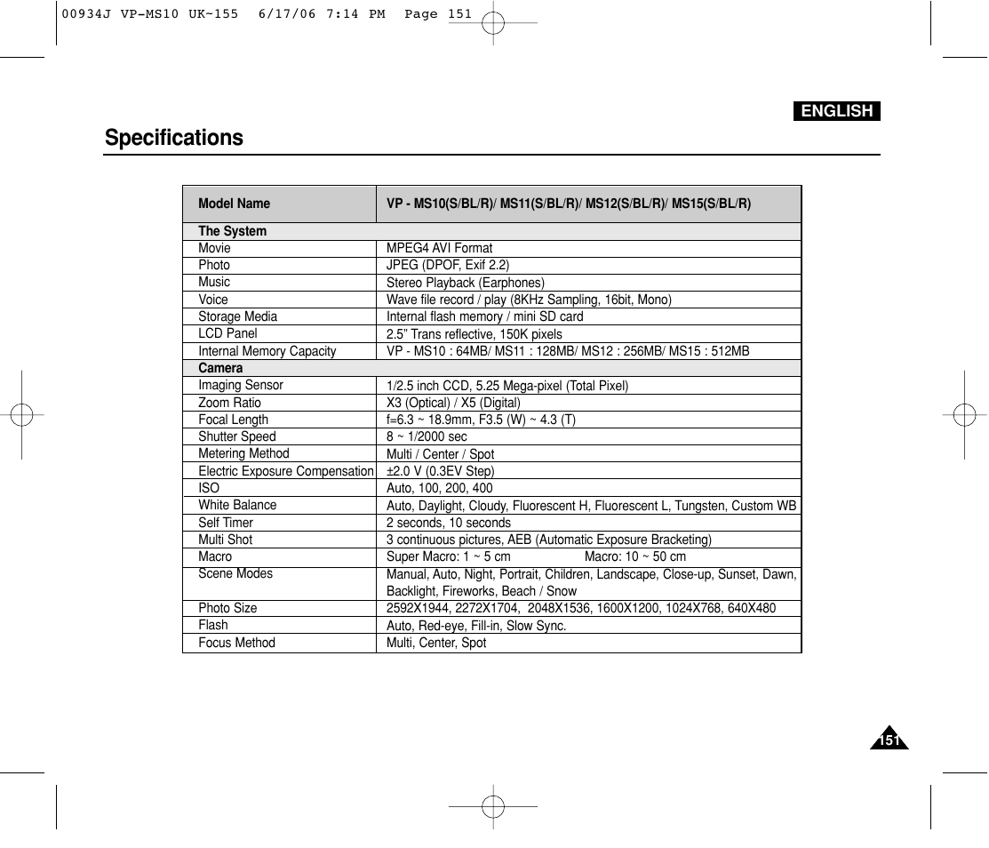 Specifications | Samsung VP-MS11 User Manual | Page 151 / 160