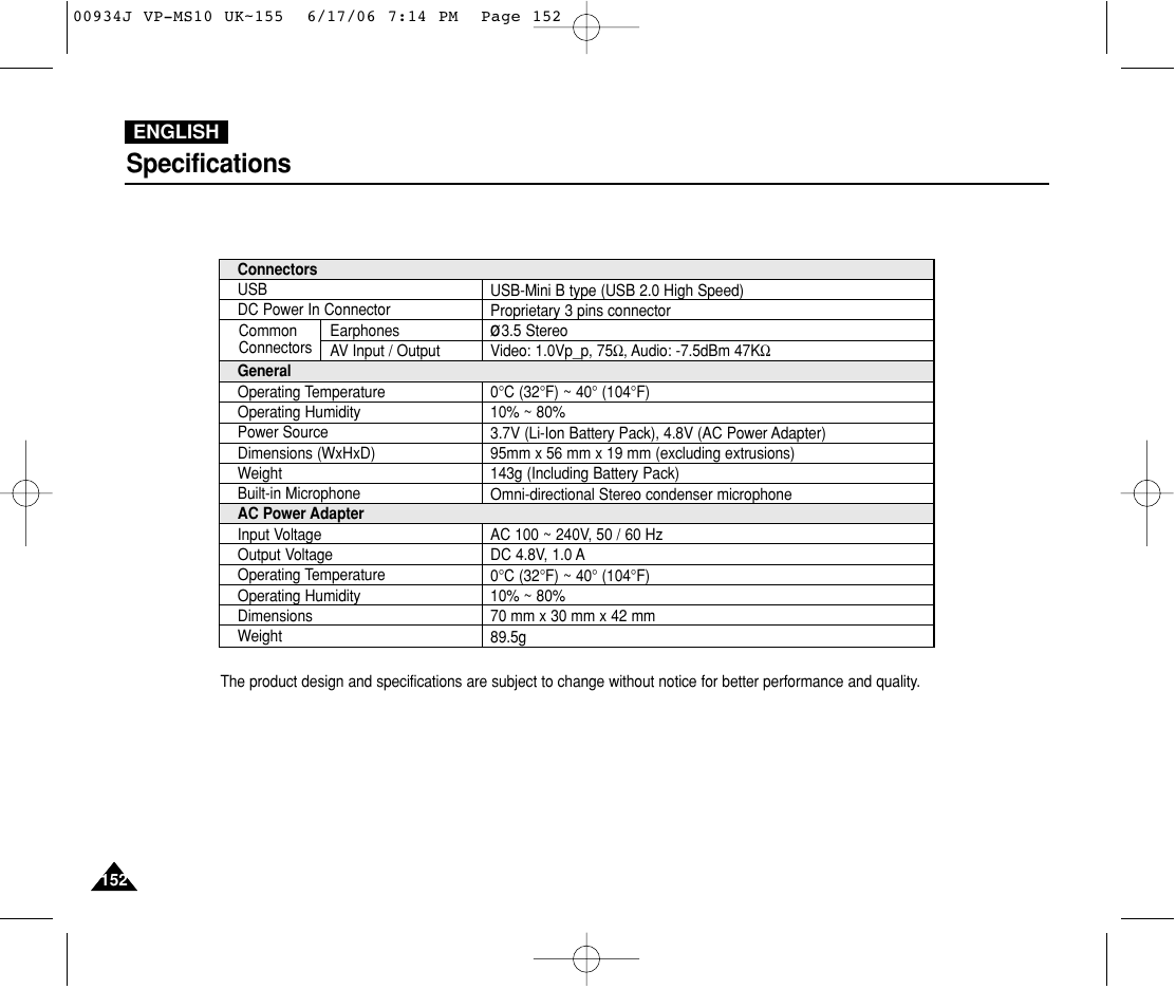 Specifications | Samsung VP-MS11 User Manual | Page 152 / 160
