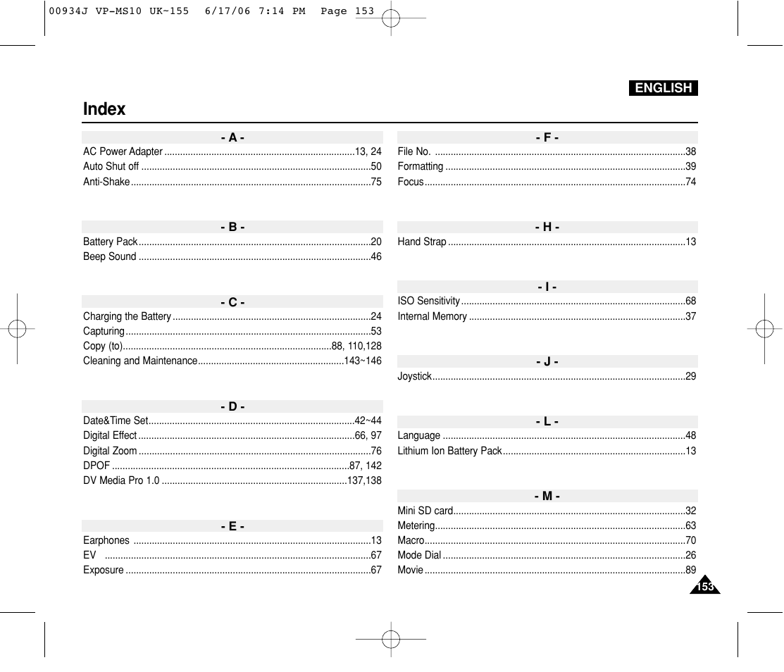 Index | Samsung VP-MS11 User Manual | Page 153 / 160