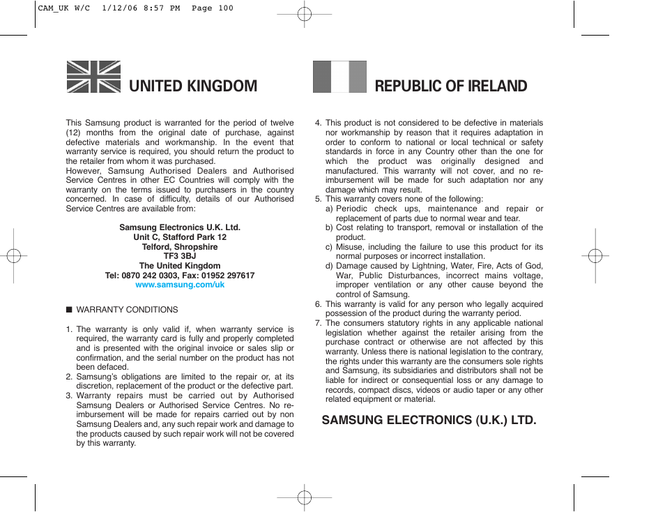 United kingdom republic of ireland, Samsung electronics (u.k.) ltd | Samsung VP-MS11 User Manual | Page 156 / 160