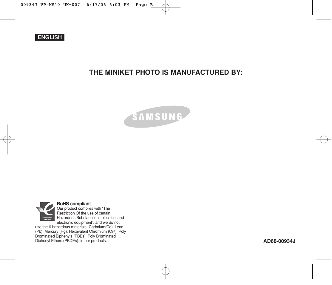 The miniket photo is manufactured by | Samsung VP-MS11 User Manual | Page 160 / 160