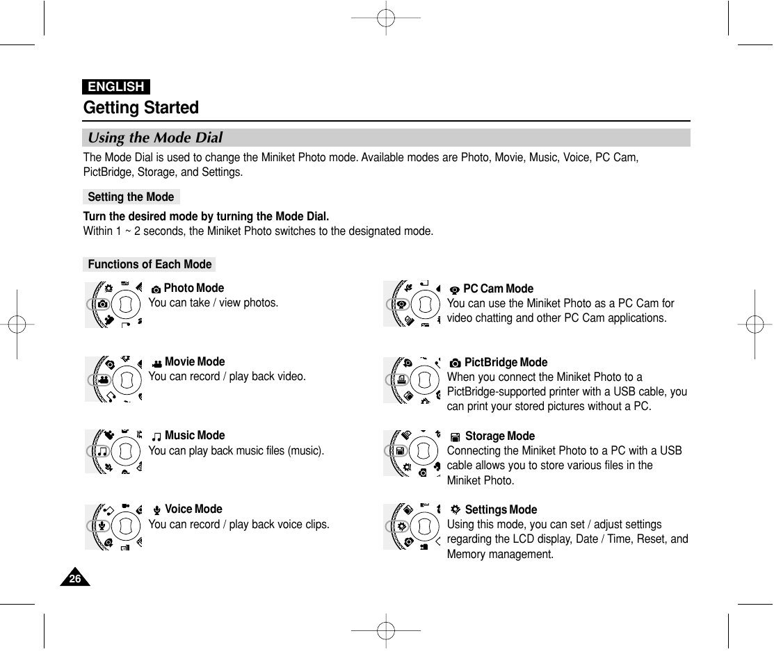 Using the mode dial, Getting started | Samsung VP-MS11 User Manual | Page 26 / 160