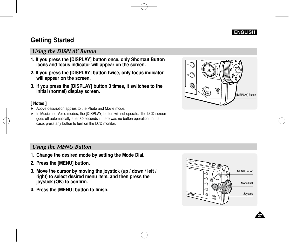 Using the display button, Using the menu button, Getting started | Using the display button using the menu button | Samsung VP-MS11 User Manual | Page 27 / 160