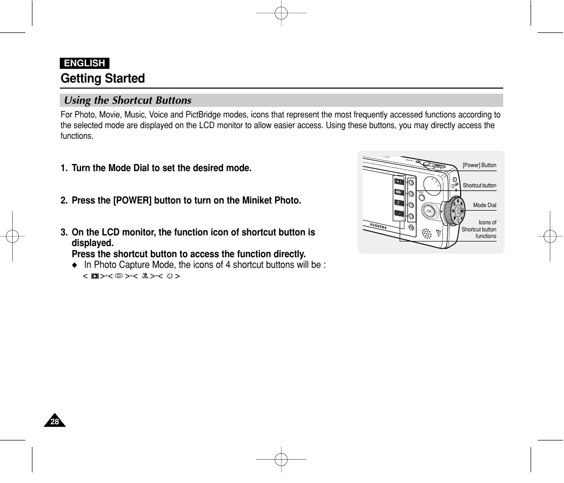 Using the shortcut buttons, Getting started | Samsung VP-MS11 User Manual | Page 28 / 160