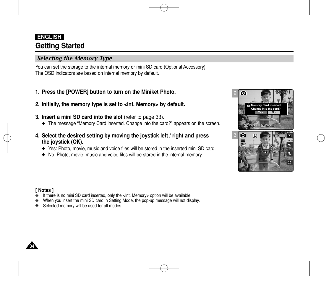 Selecting the memory type, Getting started | Samsung VP-MS11 User Manual | Page 34 / 160
