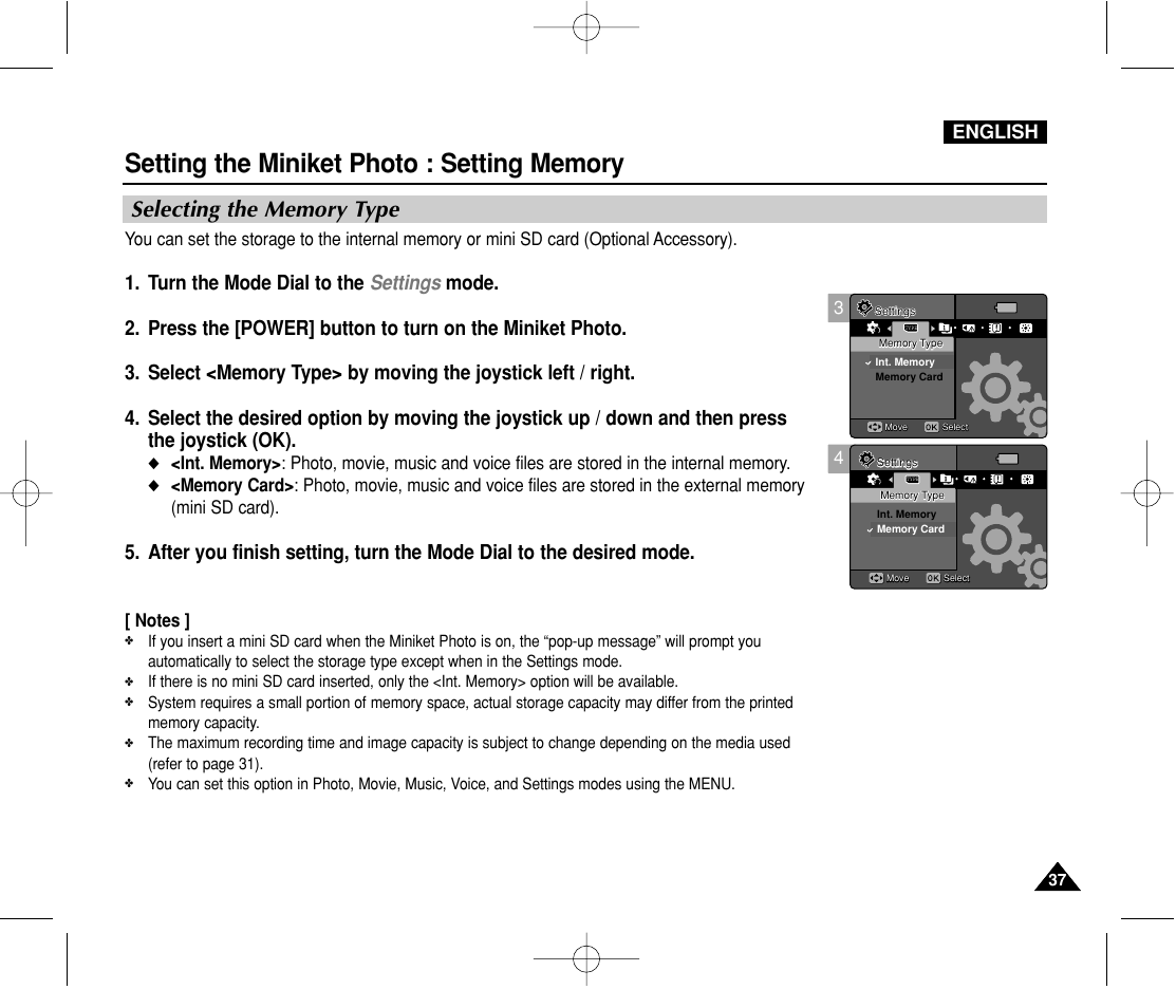Setting memory, Selecting the memory type, English | Samsung VP-MS11 User Manual | Page 37 / 160
