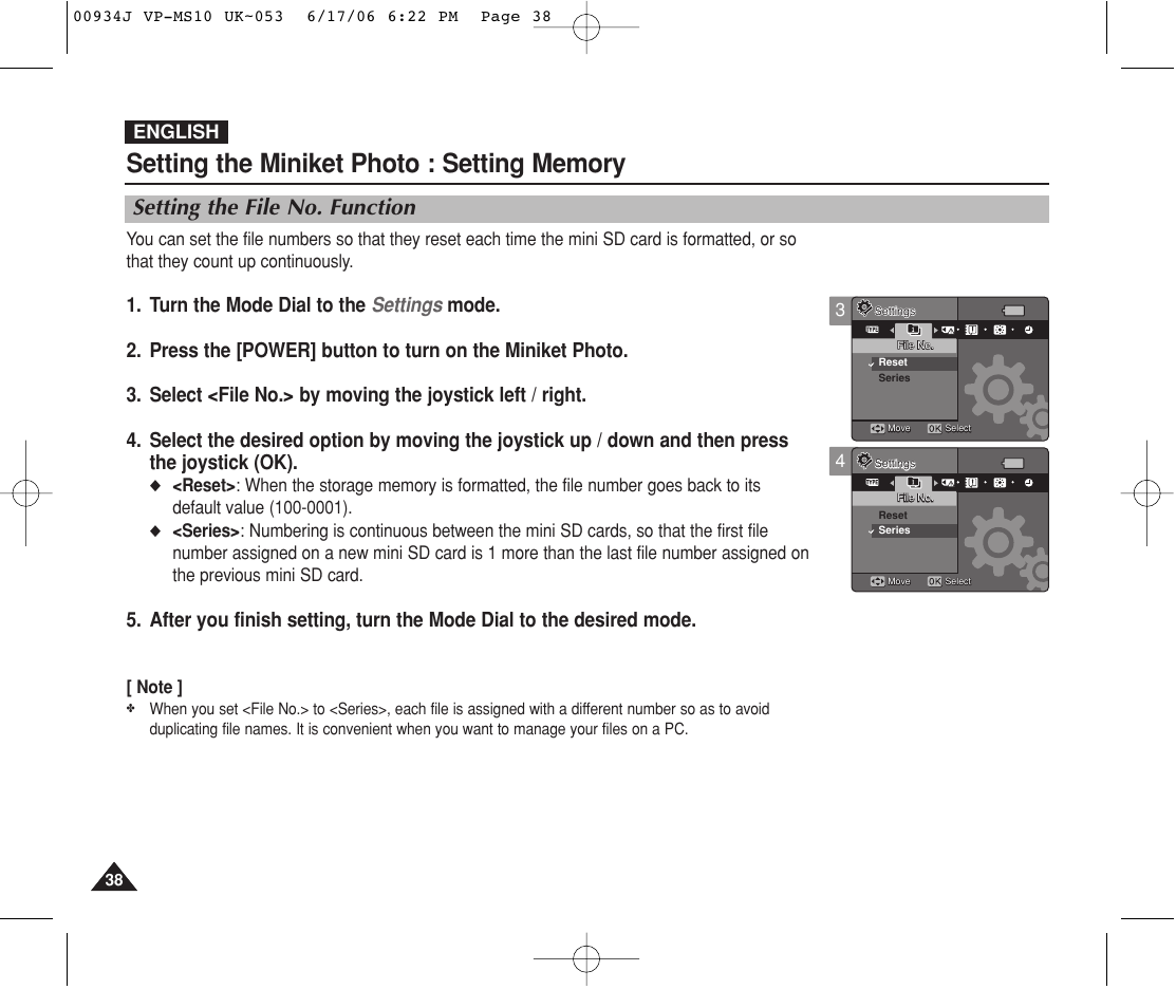 Setting the file no. function, English | Samsung VP-MS11 User Manual | Page 38 / 160