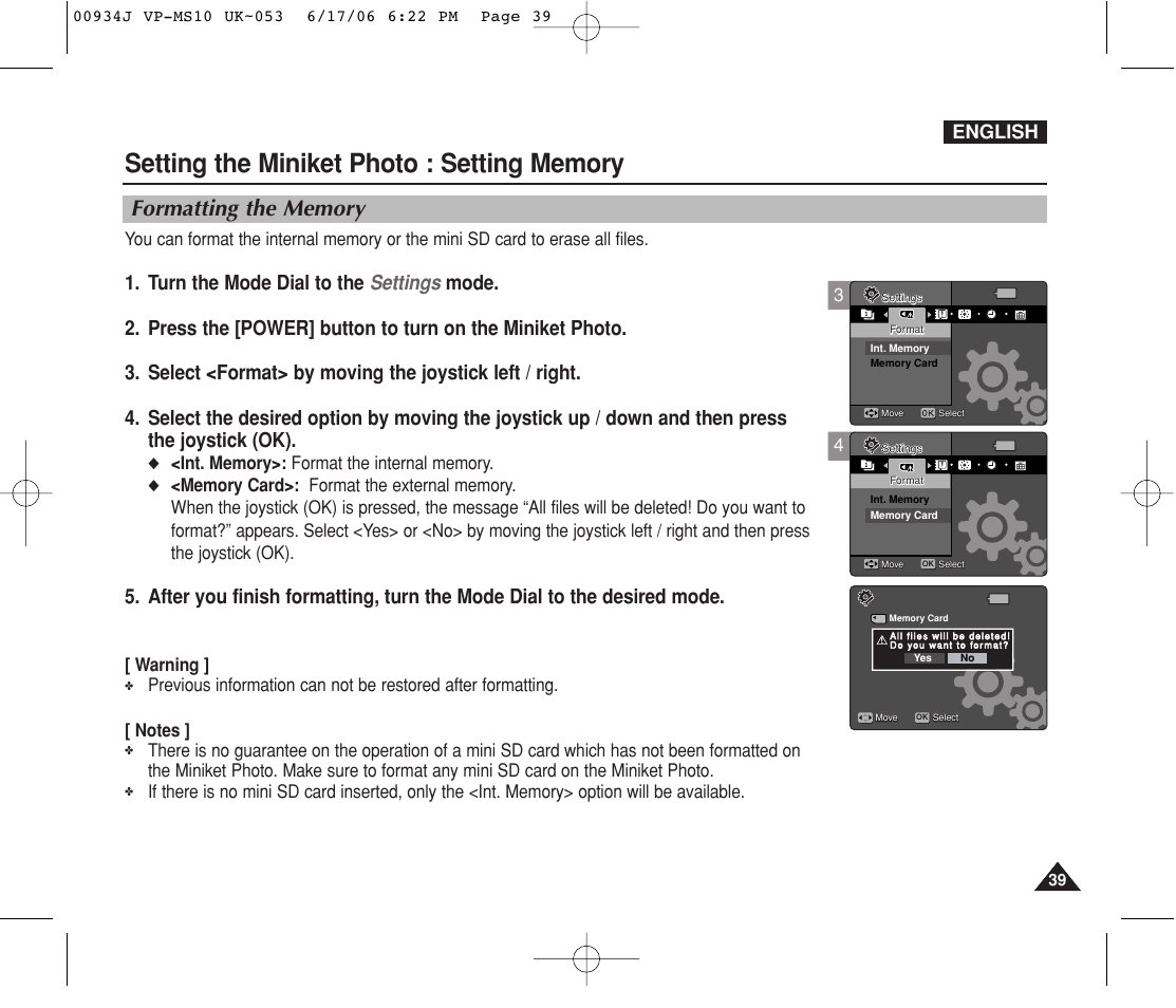 Formatting the memory, English, Warning | Samsung VP-MS11 User Manual | Page 39 / 160