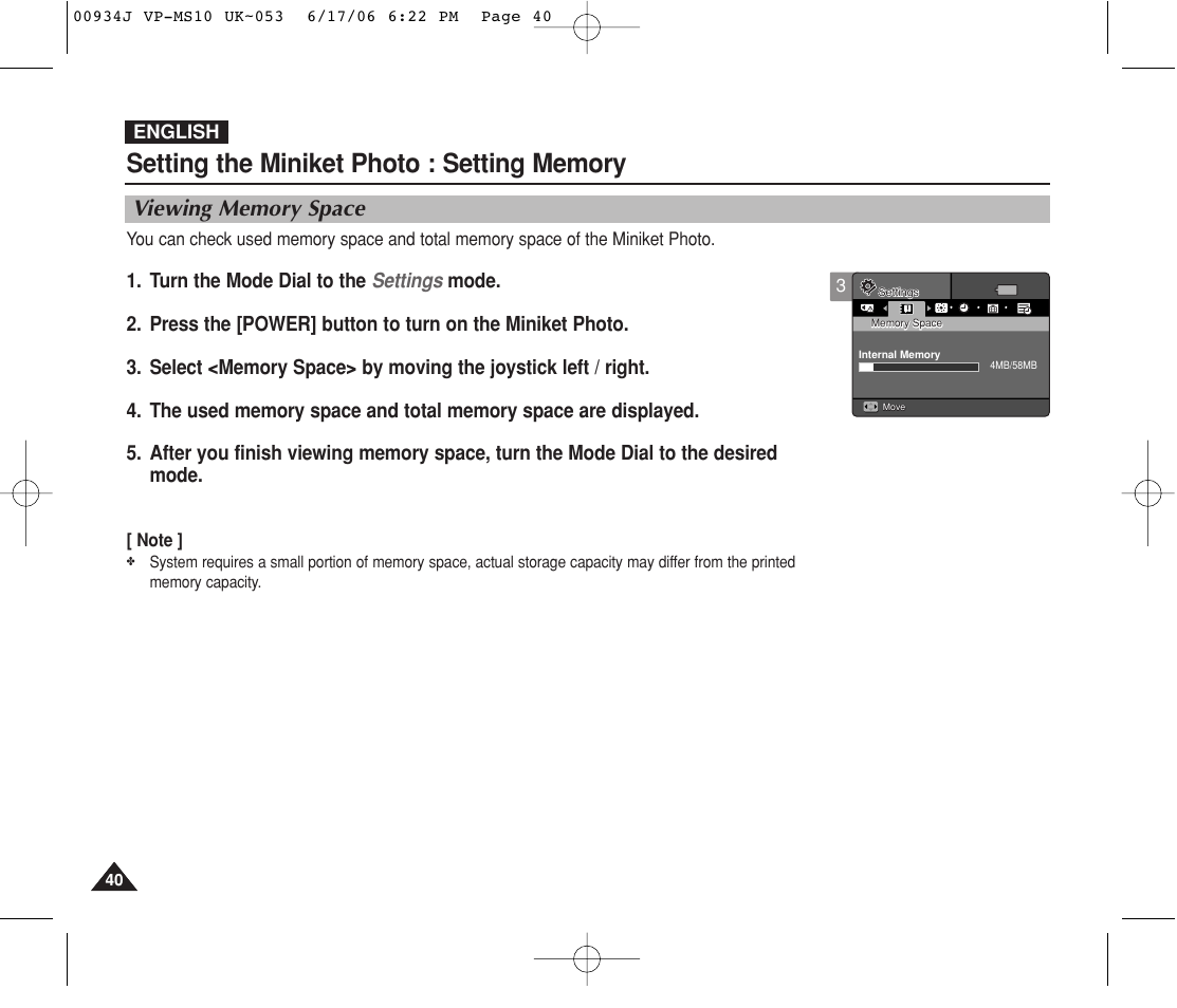 Viewing memory space | Samsung VP-MS11 User Manual | Page 40 / 160