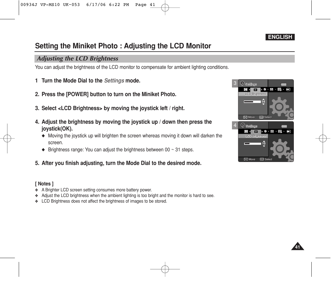 Adjusting the lcd monitor, Adjusting the lcd brightness, English | Samsung VP-MS11 User Manual | Page 41 / 160