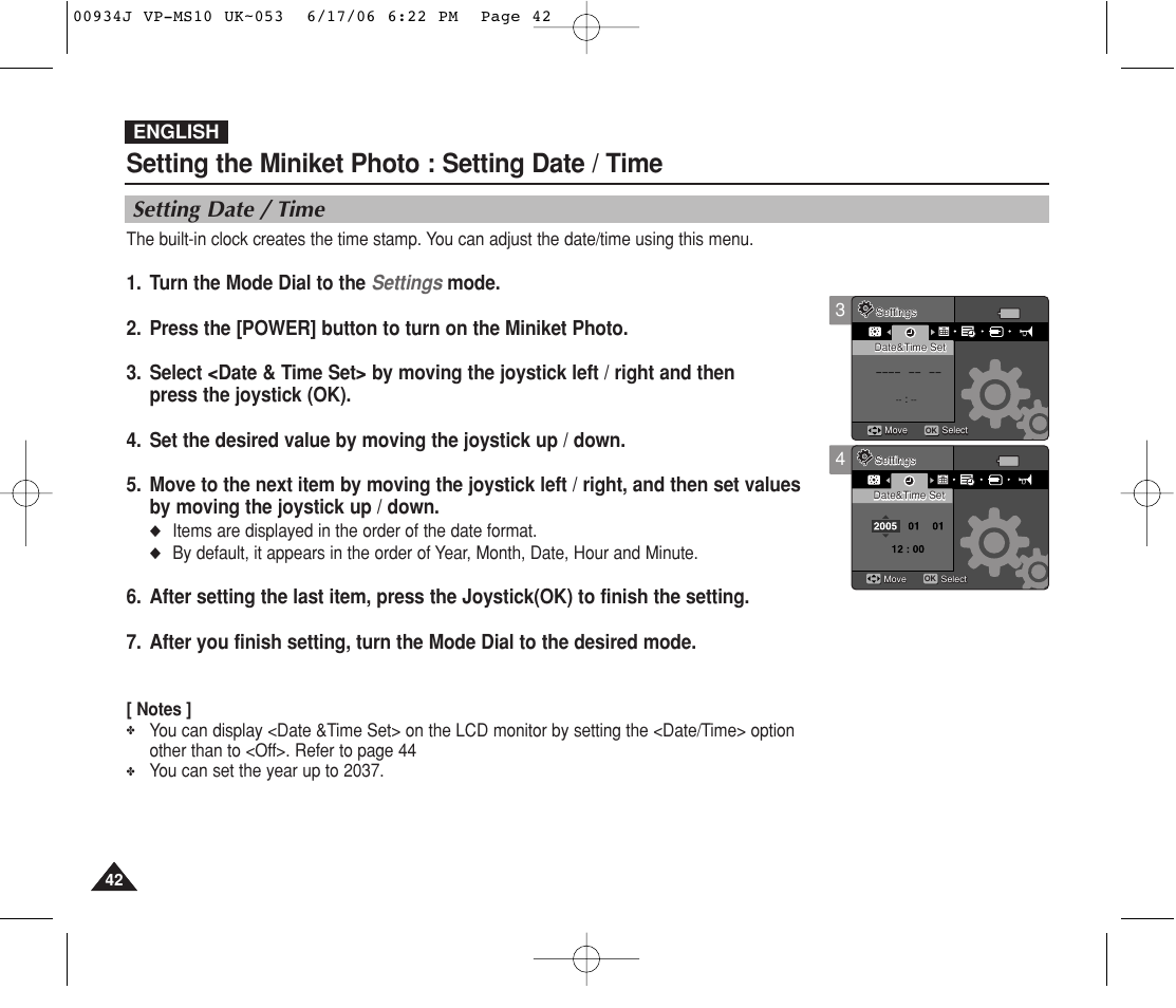 Setting date / time, Setting the miniket photo : setting date / time, English | Samsung VP-MS11 User Manual | Page 42 / 160