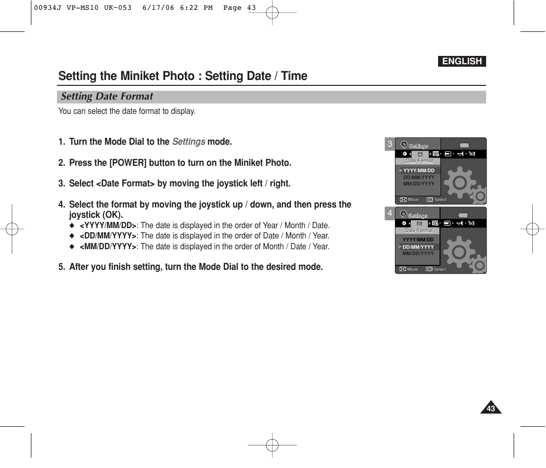 Setting date format, Setting the miniket photo : setting date / time, English | Samsung VP-MS11 User Manual | Page 43 / 160