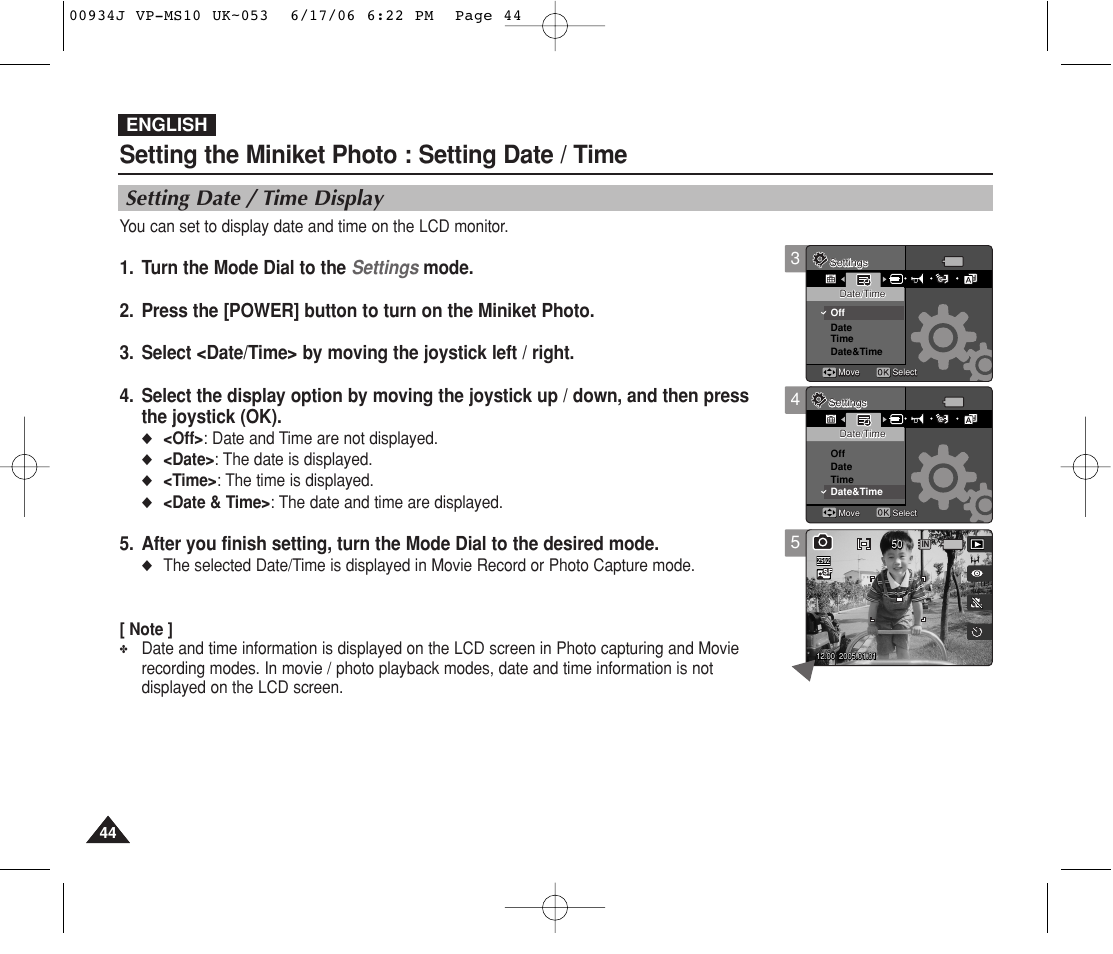 Setting date / time display, Setting the miniket photo : setting date / time, English | Off> : date and time are not displayed, Date> : the date is displayed, Time> : the time is displayed, Date & time> : the date and time are displayed | Samsung VP-MS11 User Manual | Page 44 / 160