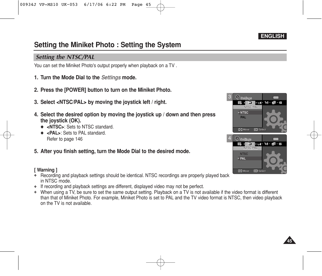 Setting the system, Setting the ntsc/pal, Setting the miniket photo : setting the system | English | Samsung VP-MS11 User Manual | Page 45 / 160