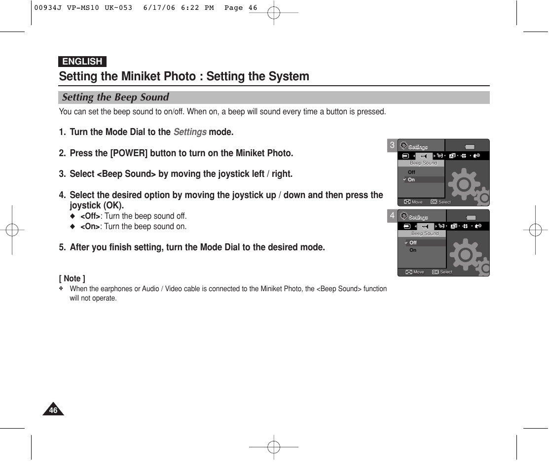 Setting the beep sound, Setting the miniket photo : setting the system, English | Samsung VP-MS11 User Manual | Page 46 / 160