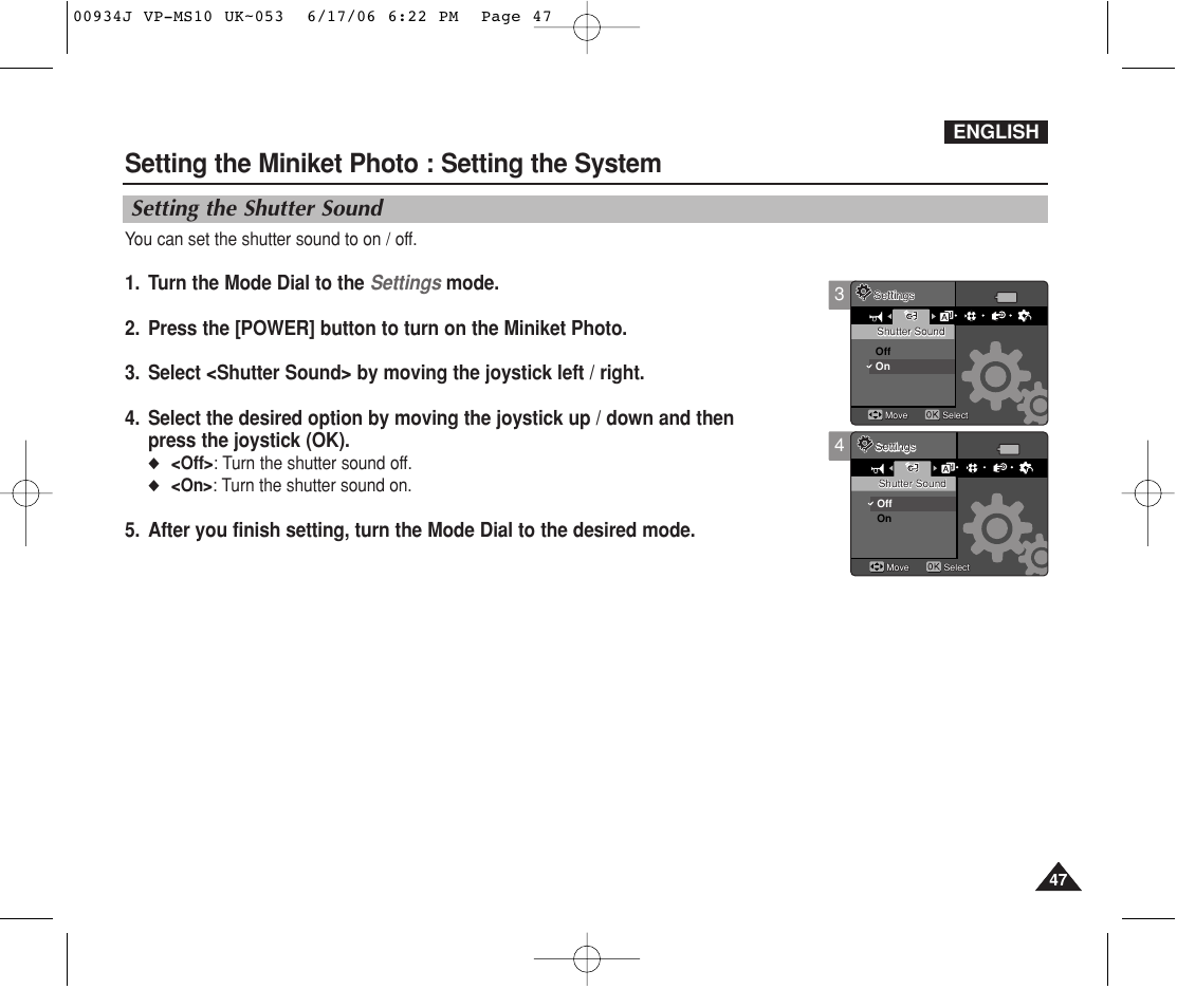 Setting the shutter sound, Setting the miniket photo : setting the system, English | Samsung VP-MS11 User Manual | Page 47 / 160