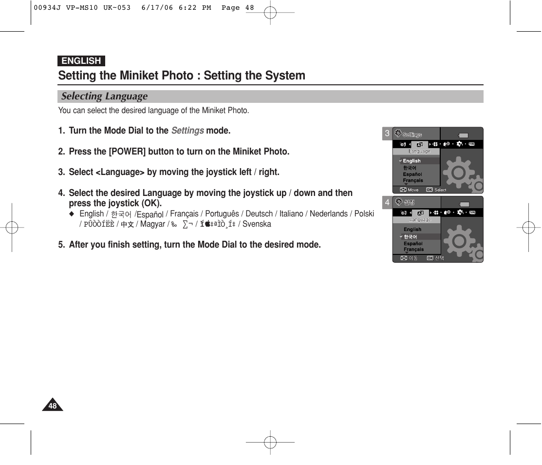 Selecting language, Setting the miniket photo : setting the system | Samsung VP-MS11 User Manual | Page 48 / 160