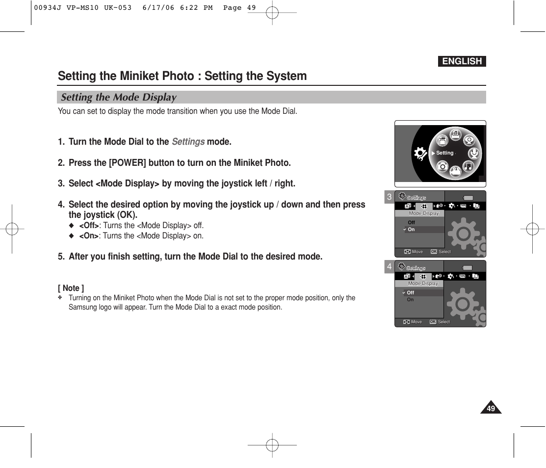 Setting the mode display, Setting the miniket photo : setting the system, English | Off> : turns the <mode display> off, On> : turns the <mode display> on | Samsung VP-MS11 User Manual | Page 49 / 160