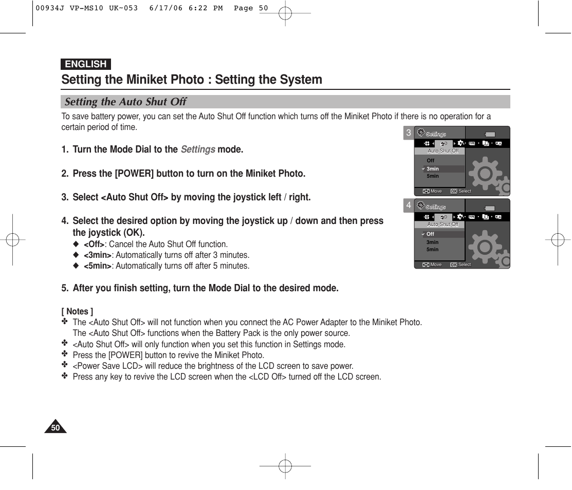 Setting the auto shut off, Setting the miniket photo : setting the system, English | Samsung VP-MS11 User Manual | Page 50 / 160