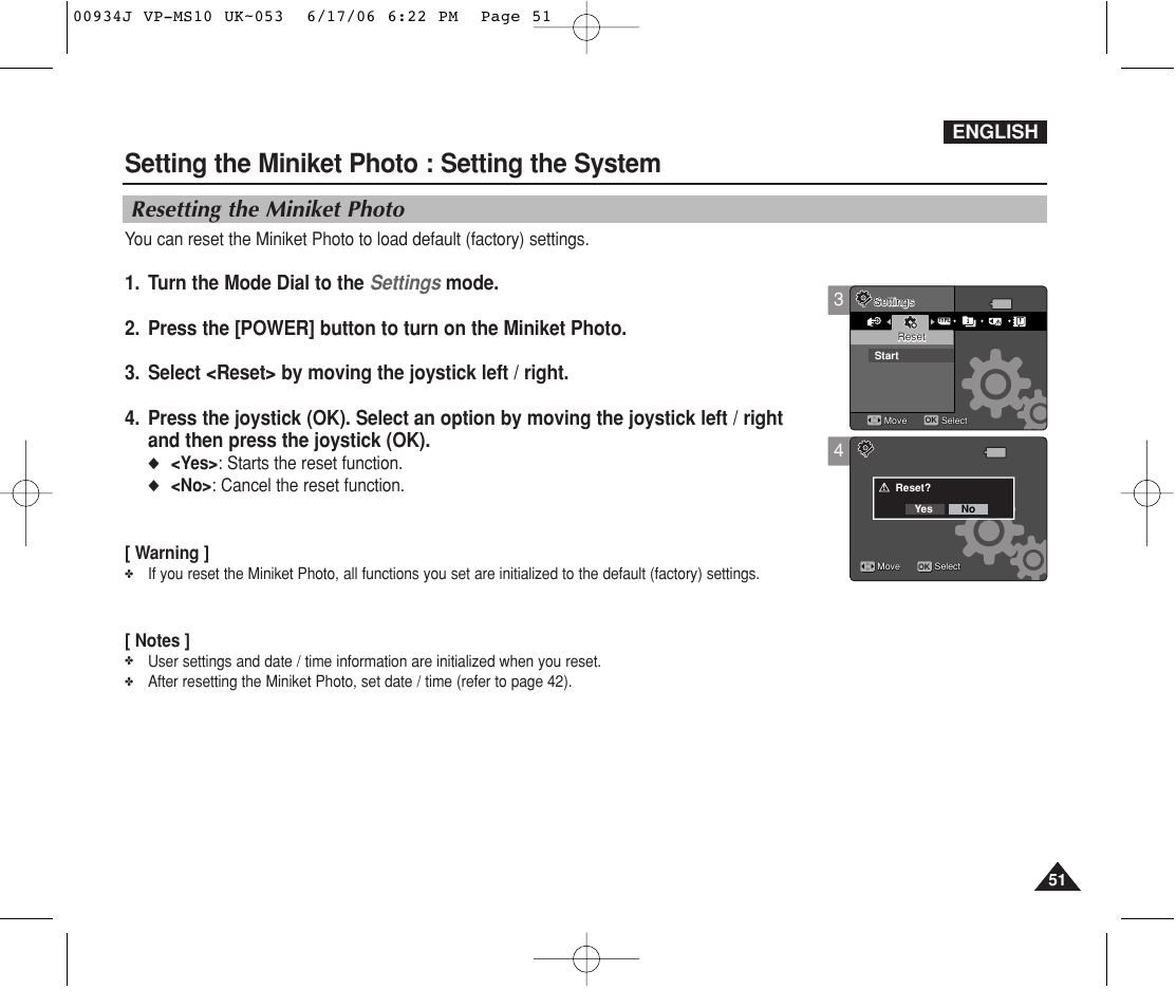 Resetting the miniket photo, Setting the miniket photo : setting the system, English | Samsung VP-MS11 User Manual | Page 51 / 160