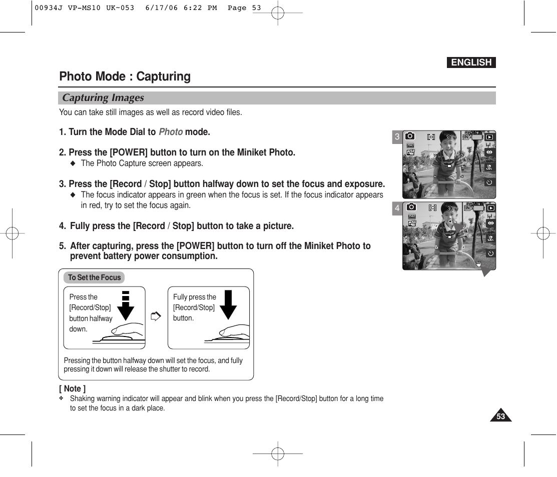 Capturing, Capturing images, Photo mode : capturing | Samsung VP-MS11 User Manual | Page 53 / 160