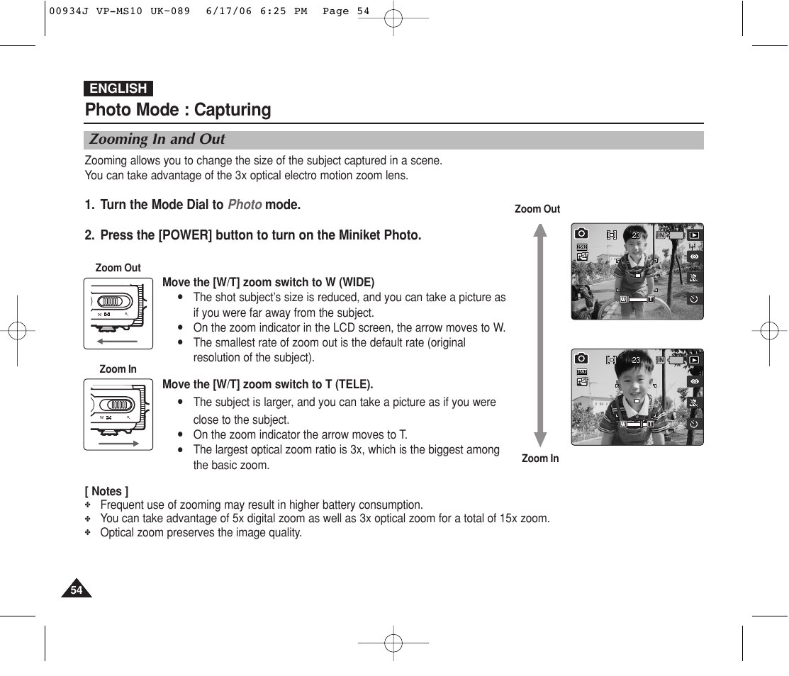 Zooming in and out, Photo mode : capturing, English | Samsung VP-MS11 User Manual | Page 54 / 160