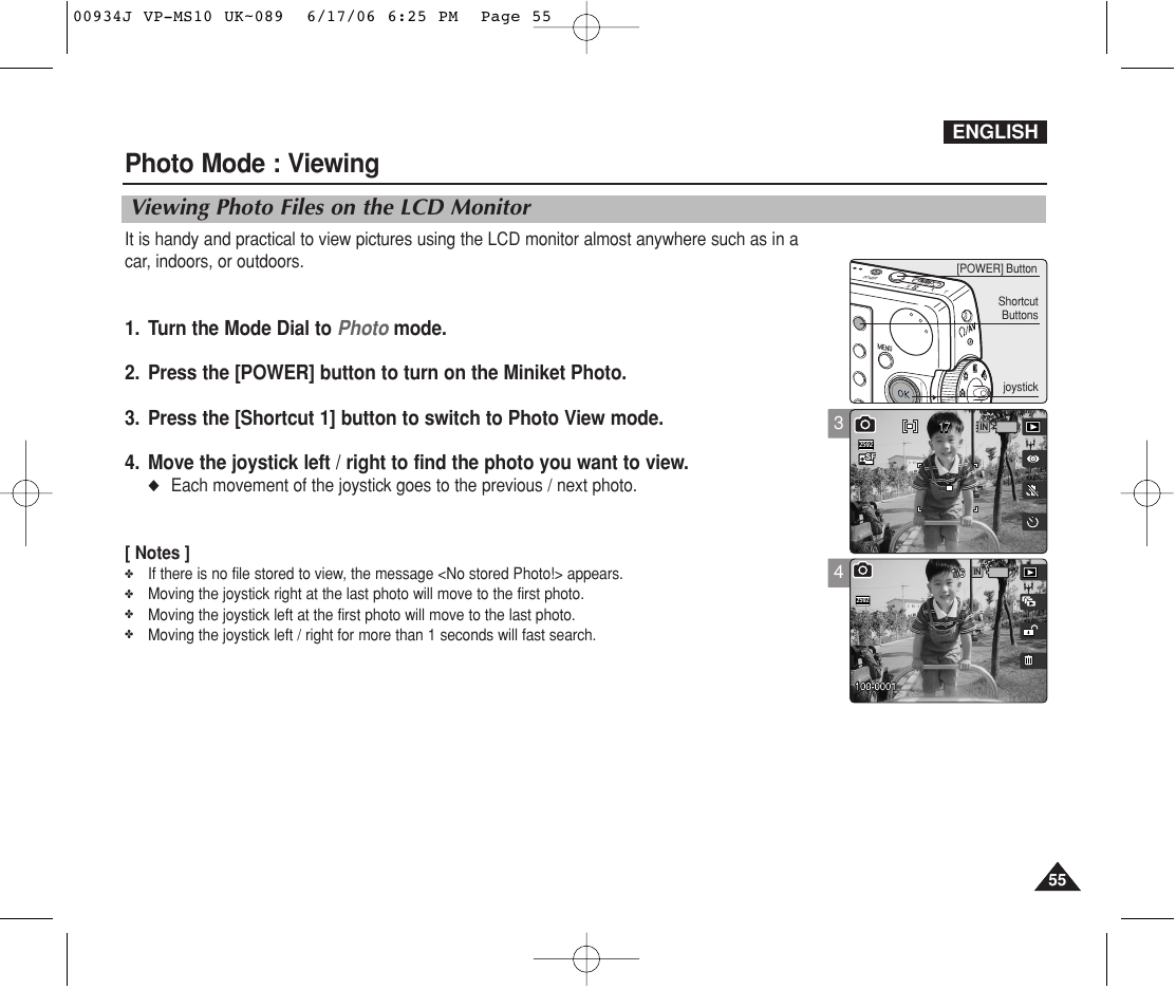 Viewing, Viewing photo files on the lcd monitor, Photo mode : viewing | English | Samsung VP-MS11 User Manual | Page 55 / 160