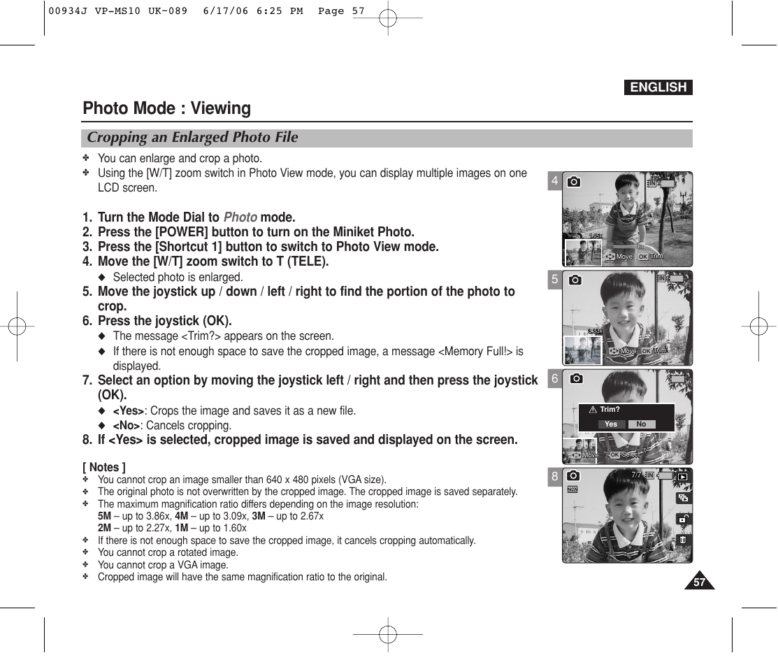 Cropping an enlarged photo file, Photo mode : viewing, English | You can enlarge and crop a photo, Selected photo is enlarged, The message <trim?> appears on the screen, Yes> : crops the image and saves it as a new file, No> : cancels cropping | Samsung VP-MS11 User Manual | Page 57 / 160