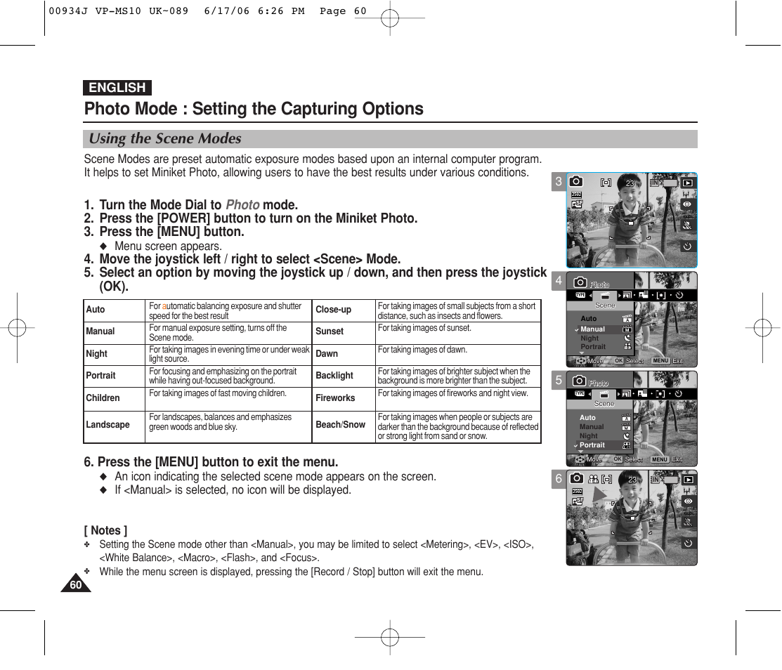 Using the scene modes, Photo mode : setting the capturing options, English | Menu screen appears | Samsung VP-MS11 User Manual | Page 60 / 160