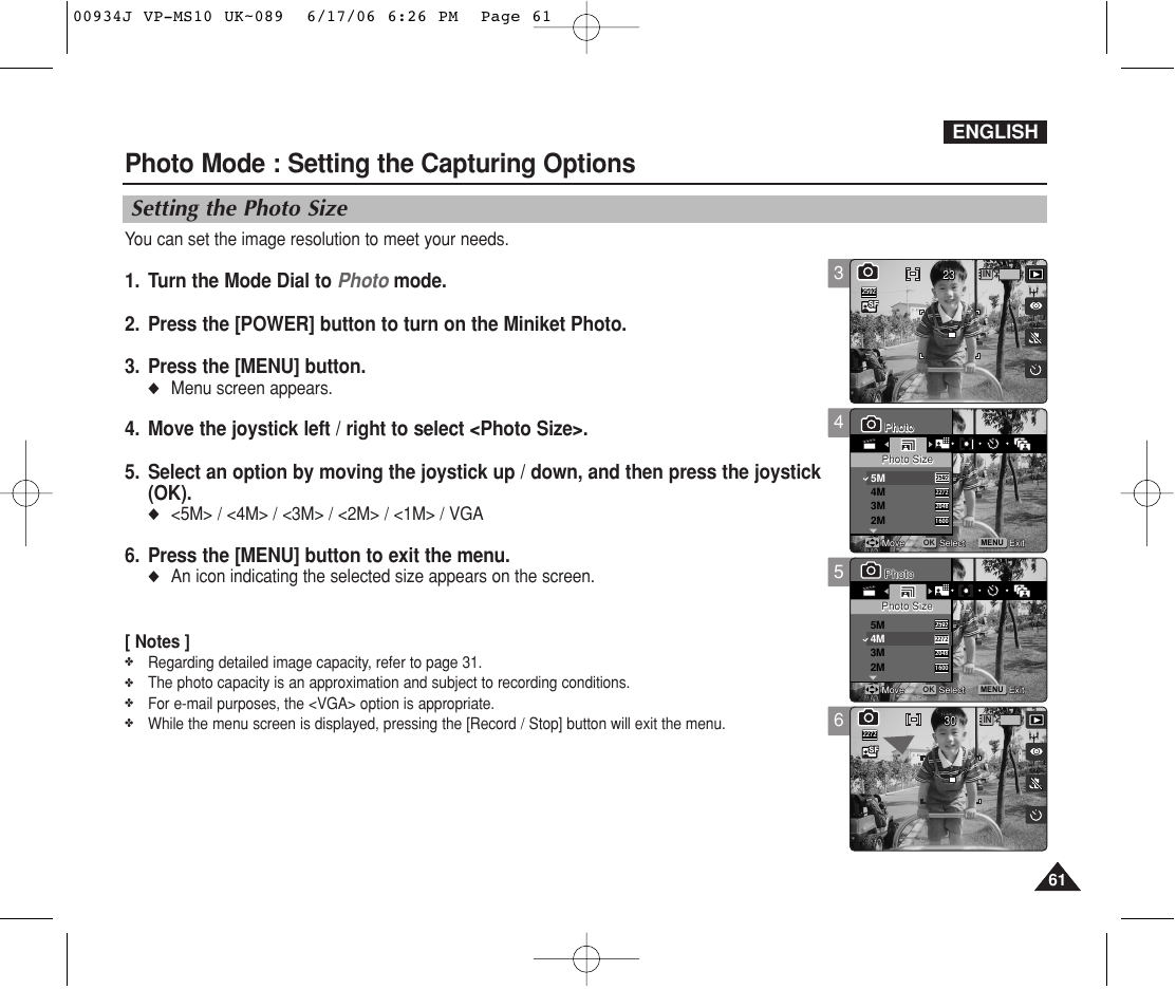 Setting the photo size, Photo mode : setting the capturing options, Press the [menu] button to exit the menu | English, Menu screen appears | Samsung VP-MS11 User Manual | Page 61 / 160